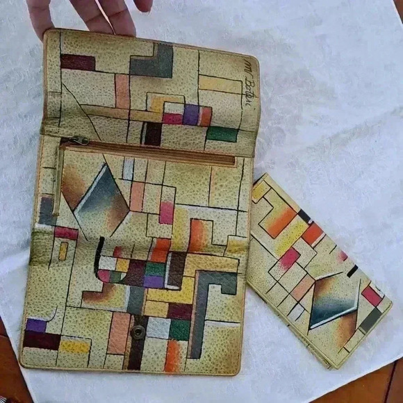 Wallet  CHECKBOOK GOLD ABSTRACT LEATHER  HAND PAINTED MV BOTARI - Picture 7 of 9